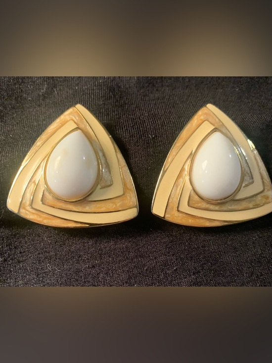 Jewelry - Gold-Tone Triangle White Cabochon Clip Earrings